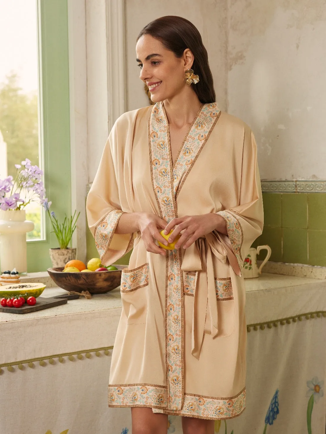 Champagne Gold Embellished Flower Short Robe with Pockets