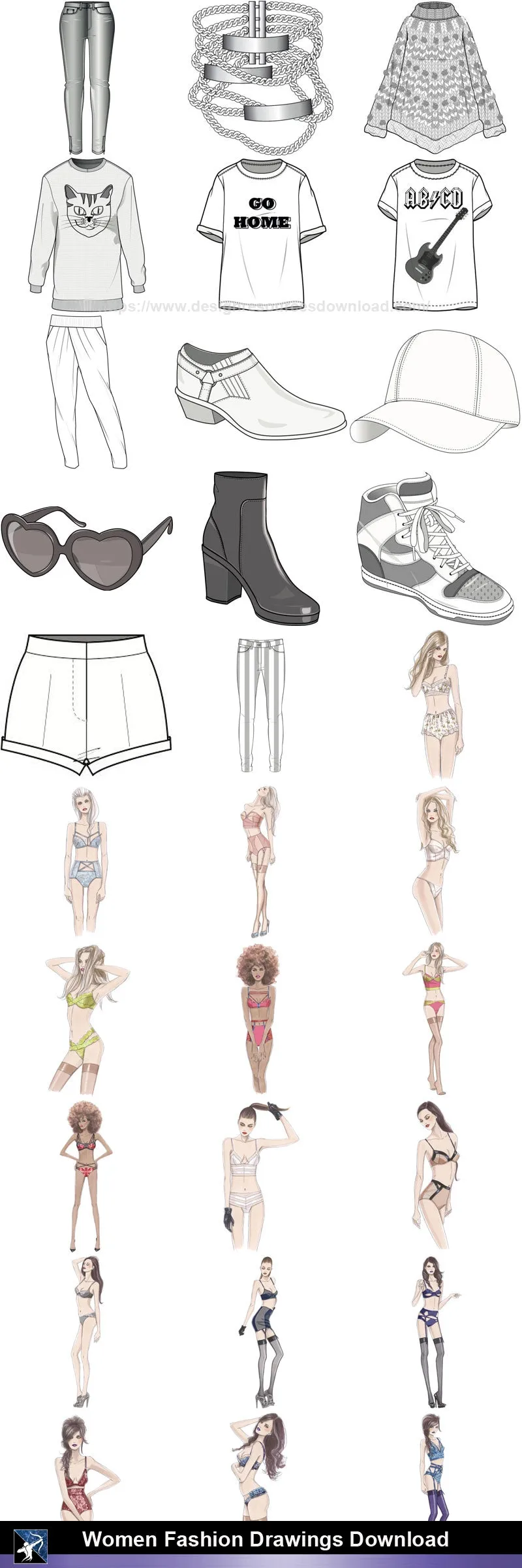 ★Women Fashion Drawings Download  V.5-Women Dresses,Tops,Skirts,Shoes Design Drawings
