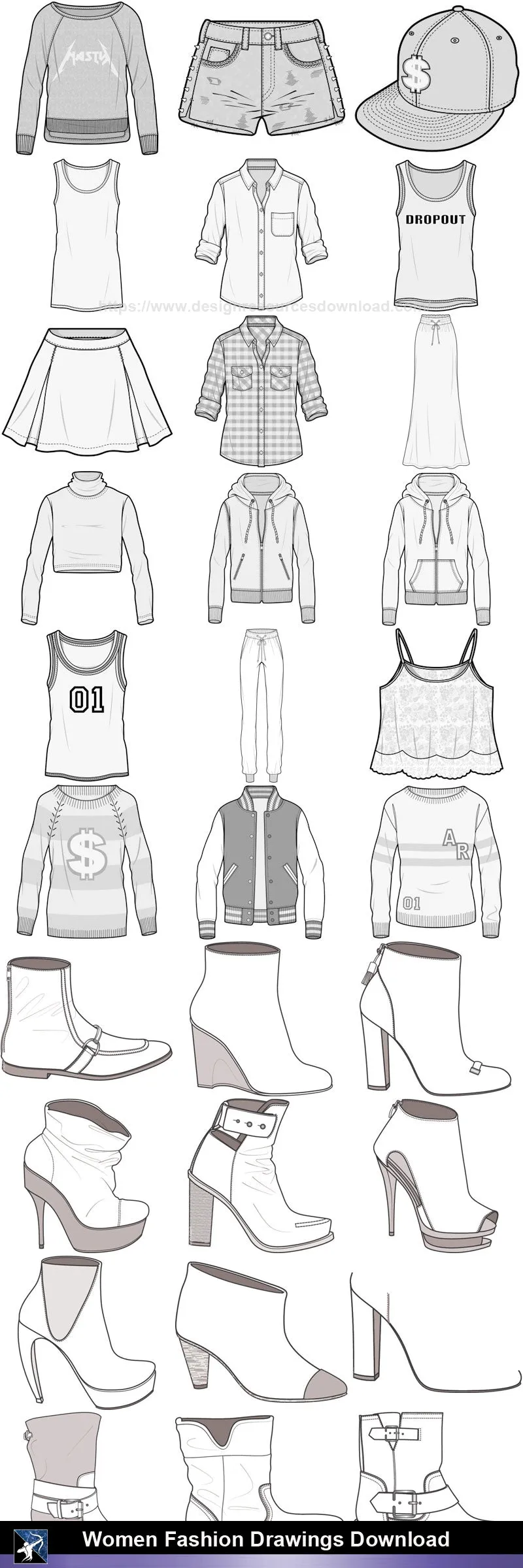 ★Women Fashion Drawings Download  V.6-Women Dresses,Tops,Skirts,Shoes Design Drawings